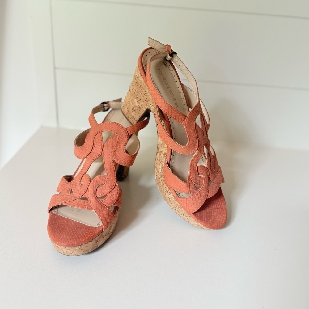 Adrienne Vittadini orange leather wedge size 9 Platform Cork Wedge Sandal - Picture 10 of 13